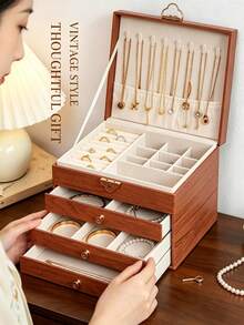 Jewelry Storage Box, Artificial PU Leather Walnut Wood 3-Layer Wooden Jewelry Box With Velvet Lining, Earring And Ring Storage Box, Large Capacity Drawer Design, Suitable For Necklaces, Bracelets (3 Layers) - Multicolor - View 4