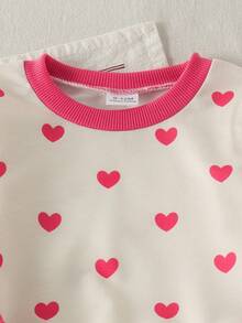2pcs Baby Girl Sweet Style Heart Print Flutter Sleeve Round Neck Long Sleeve Sweatshirt & Side Bow Sports Long Pants Set, Suitable For Daily Outings - Rose Red - View 3