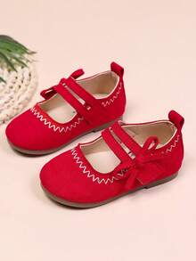 1 Pair Girls Bow Round Toe Comfortable Fashionable Princess Style Flat Shoes Suitable For Spring And Autumn - Red - View 2