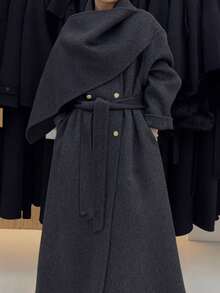 Women's Dark Grey Long Wool Coat, Double-Breasted Design, Belted Waist, Comfortable Large Lapel, Suitable For Cold Weather, Nyfw - Carbon Black - View 4