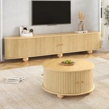 Coffee Table And TV Unit Set, Round Coffee Table With Curved TV Unit, Surrounding Vertical Relief Structure, Sliding Doors, MDF Body, Metal Handles, Spherical Metal Legs, Versatile Storage Space. - 天然纖維+中密度纖維板 - 查看 9