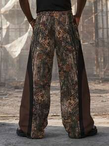 Plus Size Men's American Street Style Colorblock Wide Leg Pants, Woodland Camo Brown & Black Contrast Side, Drawstring Elastic Waist, Relaxed Draped Fit, Streetwear Long Pants For Plus Size Men - Brown - View 6