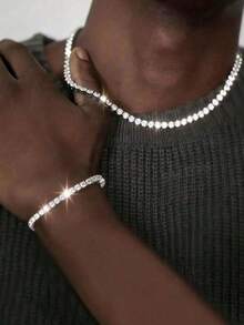 2pcs/Set Men's Diamond Inlaid Square Claw Chain Necklace And Bracelet, Hip-Hop Style Rhinestone Jewelry, Creative Punk Style Men's Necklace, Suitable As A Gift For Boyfriend, Also Applicable For Daily Casual Matching And Wearing, Valentine's Day, Carnival Gift - Multicolor - View 3