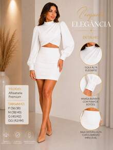 Women's Tailored Set Cropped Long Puff Sleeve And Short Skirt Elegant Party Fashion Autumn Winter - 白色 - 查看 2