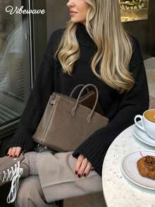 VIBEWAVE Sweater Rajut Longgar dengan Bahu Jatuh dan Leher Tinggi, Gaya Klasik dengan Jahitan Kontras, Atasan Lengan Panjang Mengembang, Sweater Rajut Warna Polos Minimalis untuk Perjalanan Musim Gugur/Dingin dan Pakaian Jalanan - Hitam - View 2