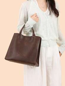 Women's Tote Bag, Solid Color, Soft Textured PU Leather, Large Capacity, Multi-Layer Storage, Campus Backpack, Suitable For University Campus - Brown - View 6