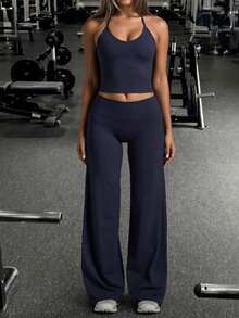 Women's Elegant Street Vacation Minimalist Yoga Sports Basic Tight Cleangirl Set Summer - Blue - View 3