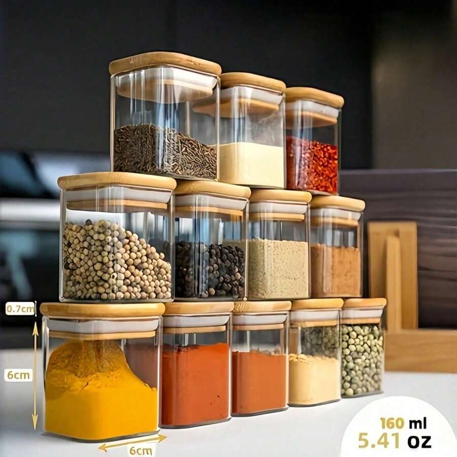 6件組密封小玻璃調料罐，竹紋設計，透明食品儲存容器，可堆疊方形調料罐，防潮保香設計，適用於香料、茶葉、咖啡、穀物，廚房檯面收納，聖誕新年感恩節暖心禮物