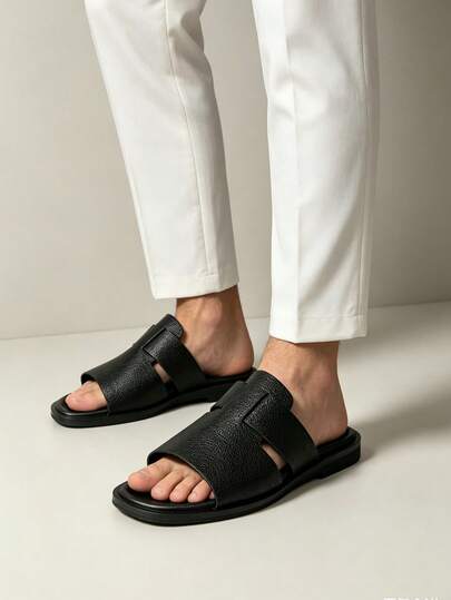 Men's Spring To Summer Outdoor Party Business Casual Open Toe Breathable Material Beach Slippers High-End Fashion Flat Sandals Rhombus Grid Microfiber Leather Beach Summer