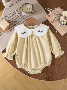 Baby Girl Floral Embroidered Peter Pan Collar Long Sleeve Bodysuit - Beige - View 9