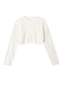 Women's White Cropped Semi-Sheer Knit Top, Long Sleeve Crew Neck Summer - White - View 5