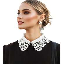 1pc White Lace Detachable Collar, Crochet Faux Collar, Solid Color Semi-Blouse, Removable, Machine Washable Accessory For Spring - White - View 5