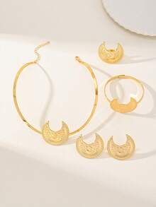 5Pcs 21K Gold Plated Crescent Moon Torque Jewelry Set, Rust-Resistant Gold Alternative Engraved Choker Necklace Open Bangles Earrings Ring - 01 - View 3