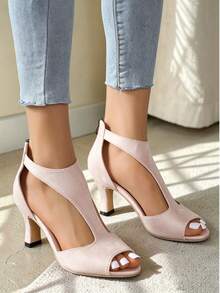 Rome High-Heeled Sandals - Open-Toe Back Zipper Thick Heel Summer Formal Shoes, Pure Color Design, Ideal Choice For Wedding Parties And Daily Wear - 米色 - 查看 3