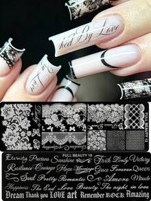 2pcs Romantic Lace & Cursive Word Nail Stamping Plate Vintage Elegant Lace Plaid With English Letter Nail Art Stamp Stencil Transfer Printing Templates For DIY Manicure Decoration Tools - Silver - View 2