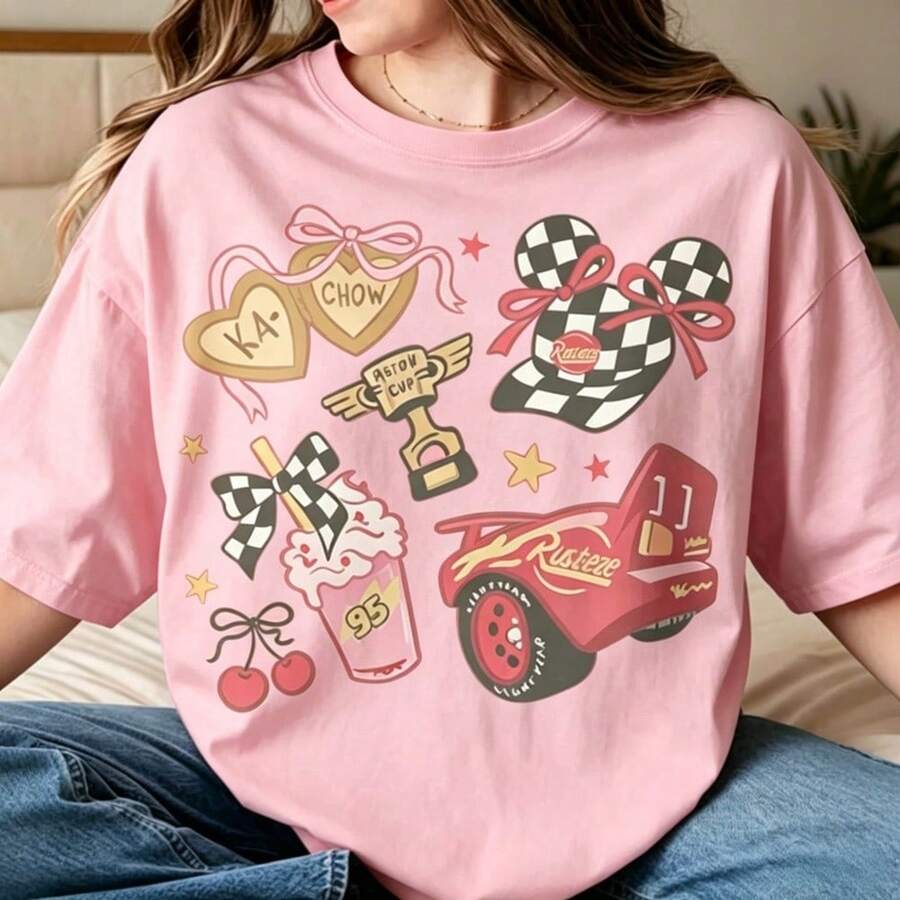 Camisetas para chicas adolescentes, camisetas para hombres, camiseta Coquette Bow, Rusty Cars, Piston Cup, camiseta Cars, Land Familhirde de cuello redondo 100% algodón para mujeres. Adecuad