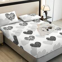 3pcs Plaid Pattern & Heart Element Bed Sheet Set, Fashionable & Romantic, Set Includes [1 Bed Sheet + 2 Pillowcases] No Pillow Inserts, 100% Polyester/Pillowcase Color Random New Modern Style - Deep Pocket/Tight Fit/King/Queen/48H No Slipping/Suitable For Various Holidays And Daily Use | Double/Full Size/Easy To Use/High-End Luxury Classic Design Bedding, Soft Fabric, Skin-Friendly, Comfortable, Suitable For Bedroom, Hotel, Dormitory, - Heart Love - View 4