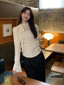Women's Spring New Premium Lace Fitted Long Sleeve T-Shirt, Unique Elegant Base Layer Top - White - View 6