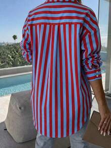 Women's Off-Shoulder Long Sleeve Striped Shirt, Casual Vacation Loose Fit, Suitable For Spring/Summer Commute And Daily Wear - Red and Blue Stripes - View 2