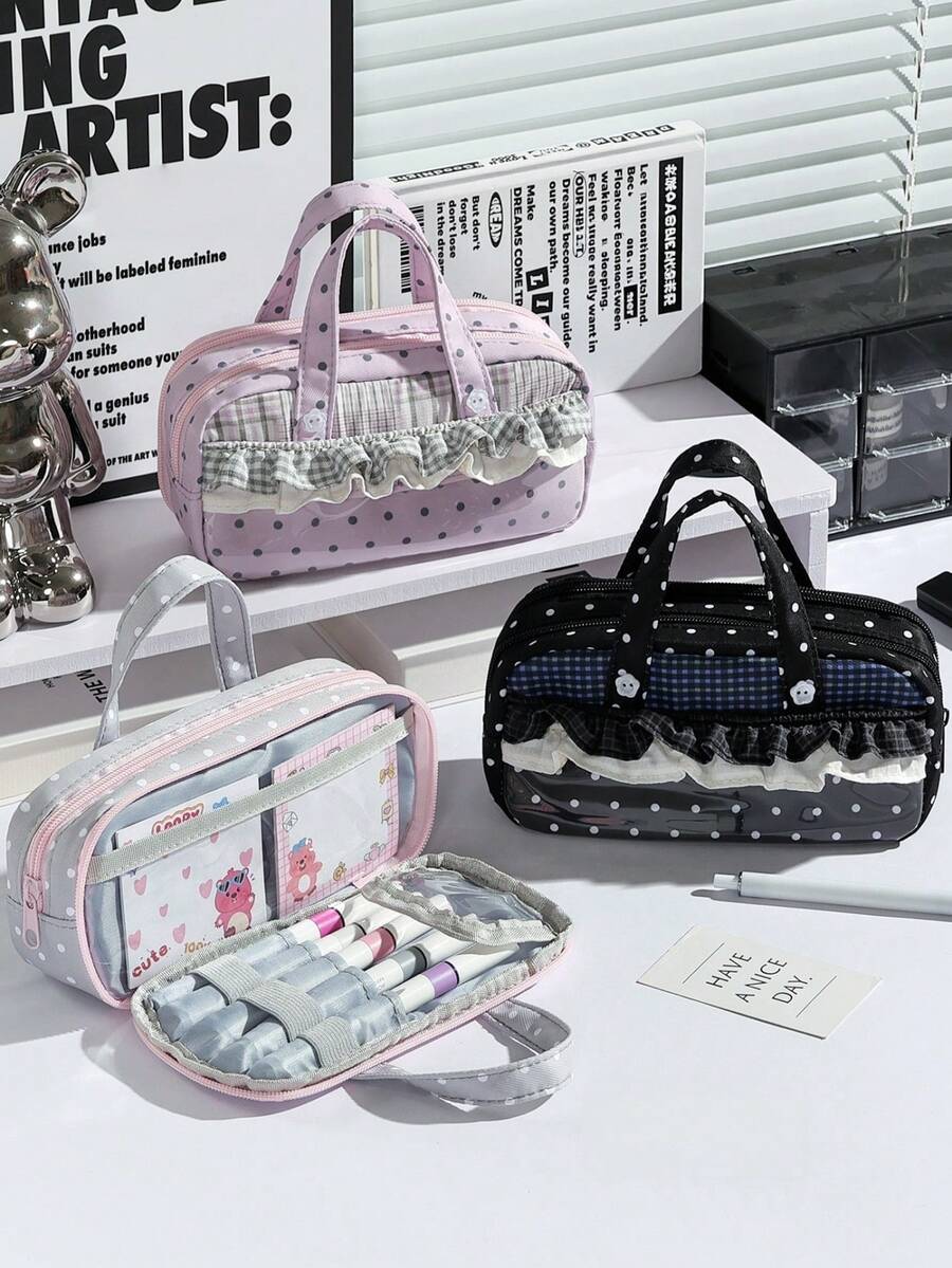 1pc Handheld Black Polka Dot Pencil Bag With Lace Ruffle Trim, 4-Layers Soft Handle Portable Stationery Case, For Student Study, Desktop Storage, Educational Gift, Back-To-School Season