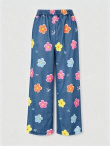 2pcs Set Suitable For Girls, Crew Neck Sweatshirt And Denim Like Floral Bow Wide Leg Pants Outfit, Printed Denim Like Number 67 Pattern Crew Neck Sweatshirt + Denim Like Floral Bow Wide Leg Pants Matching Set, Suitable For Autumn/Winter Daily Wear - Multicolor - View 7