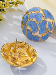 1 Pair Vintage French Style Colorful Enamel Stud Earrings, Gold Foil Cracked Design Hemisphere Earrings, Gentle Elegant Versatile Style - Baby Blue - View 4