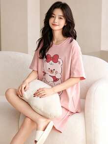 AICJ 2pcs/Set Comfortable Women Cartoon Kitty & Bow Print Pajama Set - Short Sleeve Round Neck T-Shirt And Shorts, Knit Fabric, Loose Fit, Suitable For Spring/Summer, Maternity Loungewear - Pink - View 1