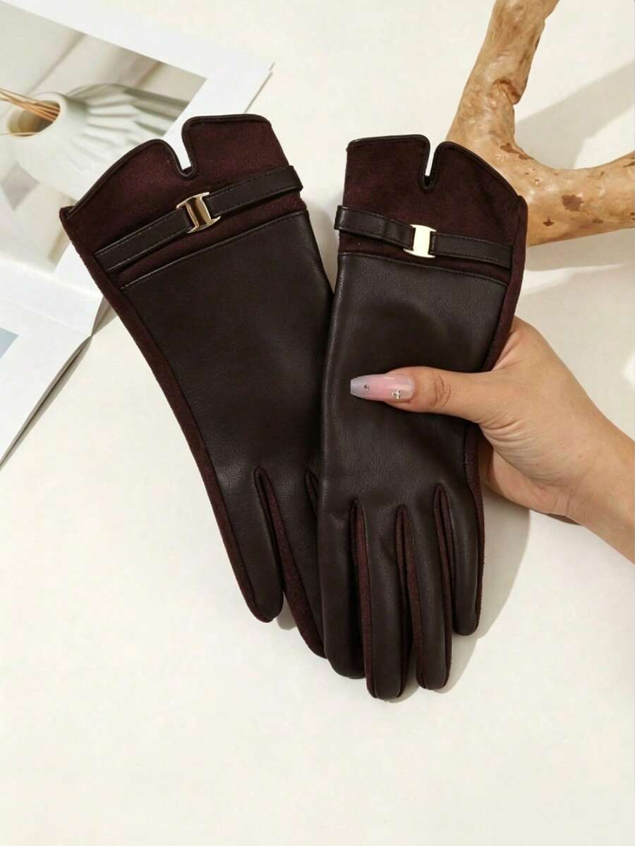1 Pair Elegant Solid Color Casual PU Rivet Women's Gloves, Mature And Steady Style, Suitable For Outdoor Sports And Leisure, Ideal For Autumn And Winter - Brown - View 1