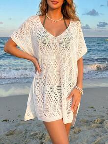 NZZOF Women's V-Neck Batwing Sleeve Side Slit Beach Cover-Up (Bikini Not Included) Vacation White Summer - White - View 3