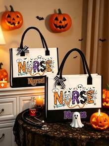 Custom Name Halloween Nurse Canvas Tote Bag, Personalized Medical Worker Shoulder Bag, Halloween Nurse Appreciation Gift - Multicolor - View 3