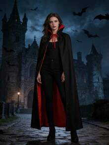 1pc Halloween Double-Sided Standing Collar Vampire Cape, Gothic Style Accessory, Unisex Reversible Black & Red Standing Collar Cape, Halloween Photo Prop, Halloween Costume, Halloween Decoration, No Hood Vampire Dracula Cape, Halloween Cosplay Costume Cape, Suitable For Halloween Party, Cosplay Accessories, Witch, Demon, Reaper Party Outfit, Halloween Carnival Cosplay Outfit, Halloween Party - Multicolor - View 6