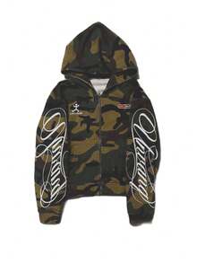 Men Fashion Street Camo Letter Print Zip Up Hoodie, Hip Hop Edgy Unique Loose Casual Long Sleeve Hooded Cardigan Jacket - Army Green - View 5