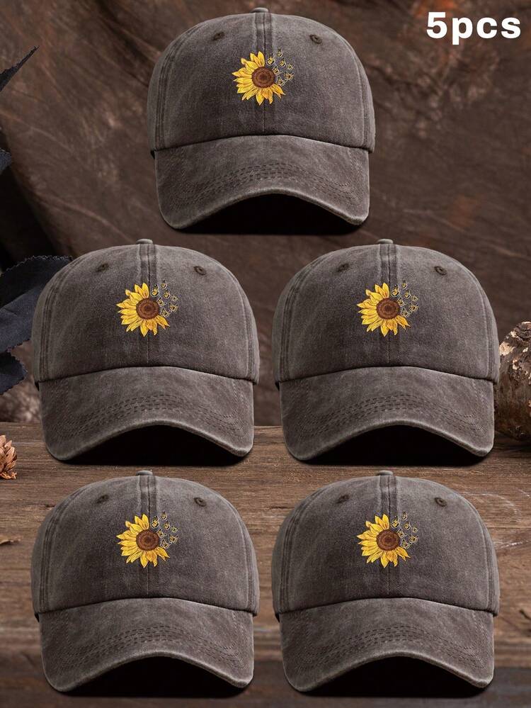 1pc Unisex Outdoor Casual Adjustable Sunflower Printed Baseball Cap - Coffee Brown - View 7