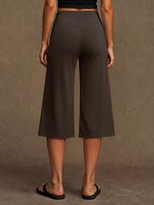 VVX 女款瑜伽寬腿七分褲 鬆口高腰直筒運動緊身褲 素色健身健身房戶外運動褲 - 棕色 - 查看 5