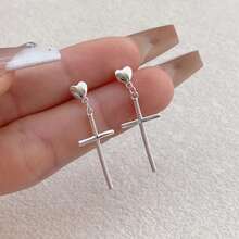 S925 Silver Heart Cross Dangle Earrings Minimalist Women Wedding Jewelry With Gift Box YWB-A2079 - Silver - View 4