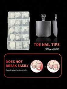 160pcs/Box Transparent French Square Pre-Made Thickened Fake Toe Nail Extension Tips Full Cover Acrylic Material DIY Nail Art 15 Sizes - 無色 - 查看 6