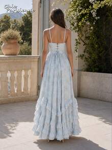 Blue Floral Chiffon V-Neck Backless Tiered A-Line Maxi Dress - 淺藍 - 查看 5