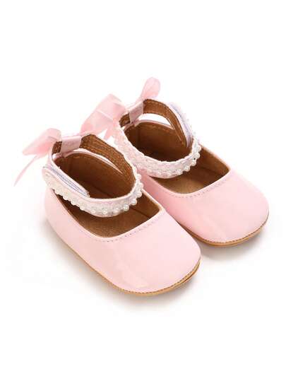Light Pink Shiny Leather Infant Princess Shoes, Bowknot & Pearl Strap Back, Non-Slip Soft Sole, Toddler Girl Walking Shoes