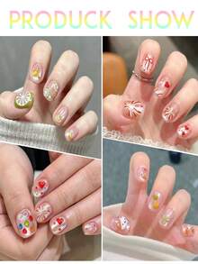 Kids Short Square Press On Nails, Summer Transparent Pink Fake Nail Tips With Cartoon Cat, Lemon Slice, Bow, Star & Fruit Print, DIY Manicure Kit For Little Girls, Party Holiday Daily Play Dress Up Nail Art Gift - Multicolor - View 10