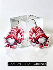 2D Flat Red Striped Candy Cane Gnome Acrylic Earrings, Stainless Steel Ear Hooks, Cute Winter Christmas Women's Dangle Earrings, Christmas Fun Jewelry Gift - Red Santa Hat - View 3