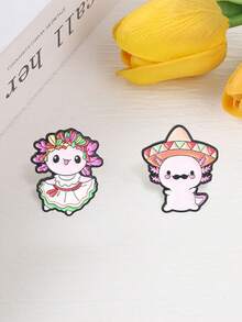 Pair Mexican Folk Axolotl Enamel Pin Traditional Sombrero Dance Skirt Cartoon Brooch Latin Style Backpack Decor Badge - Multicolor - View 8