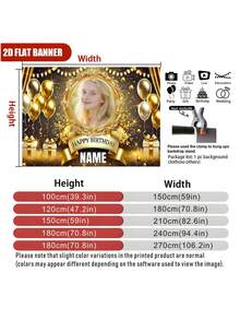 1pc Customizable Photo Name Gold Background Happy Birthday Backdrop, Gold Balloons, Cake, Fireworks, Floral Design, Suitable For Birthday, Bridal Shower, Party Gifts, Party Decor, Photography Backdrop, Vinyl Material - Gold - View 5