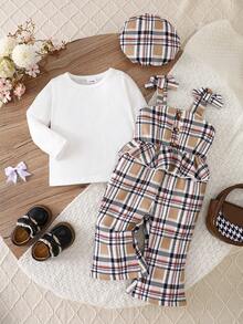 MYVLNA 3pcs/Set Baby Girl Plaid Overalls Set, White Round Neck Long Sleeve Top With Khaki Plaid Overalls And Matching Beret, Bow Shoulder Straps, Ruffle Waist Decor, Single-Breasted Button Design, Sweet Preppy Style - Multicolor - View 2