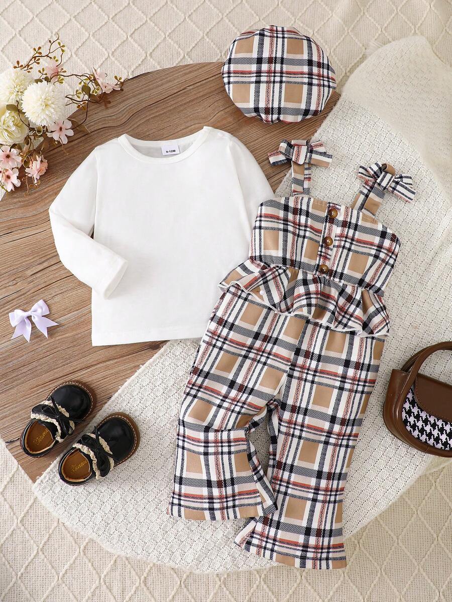 MYVLNA 3pcs/Set Baby Girl Plaid Overalls Set, White Round Neck Long Sleeve Top With Khaki Plaid Overalls And Matching Beret, Bow Shoulder Straps, Ruffle Waist Decor, Single-Breasted Button Design, Sweet Preppy Style - Multicolor - View 1