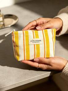 L'Occitane Yellow-Orange Vertical Striped Canvas Makeup Bag, Portable Travel Cosmetic Storage Bag, Daily Use, Vacation, Birthday, Holiday Gift LOCCITANE-GIFT-25 - Yellow + White - View 6