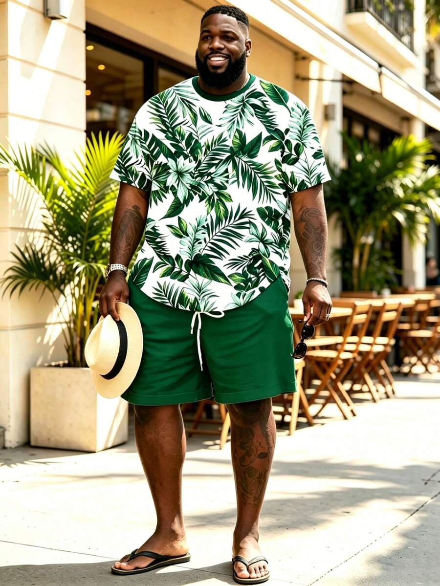 Plus Size Men's Tropical Plant Print Short Sleeve Shorts Set, Loose Fit Slimming Fresh Casual Sports 2-Piece Outfit