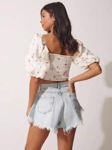 High Waist Washed Denim Pleated Frayed Hem Shorts - Baby Blue - View 2