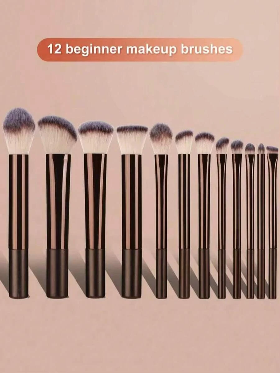 12pcs Professional Soft Bristle Long Aluminum Handle Makeup Brush Set, Including Soft Foundation Brush, Eyeshadow Brush, Eyebrow Brush, Blending Brush, Highlighter Brush, Concealer Brush, Suitable For Daily Use And Travel, Great Gift For Makeup Tool Accessories, Store The Full Set Of Makeup Brushes In A Makeup Bag, Pair With Daily Outfits For Back To School, Essential For Halloween Outfits And Holiday Dressing. - Coffee Brown - View 1