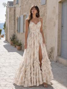 Ivory White Floral Chiffon V-Neck Open Back Tiered A-Line Maxi Dress - 米白 - 查看 2