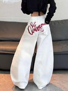 1pc American Street Style Embroidered Women's Cocoon Wide Leg Jeans, Loose Comfortable All-Season Long Pants (This Product Does Not Include Belt/Accessories) - White - View 10